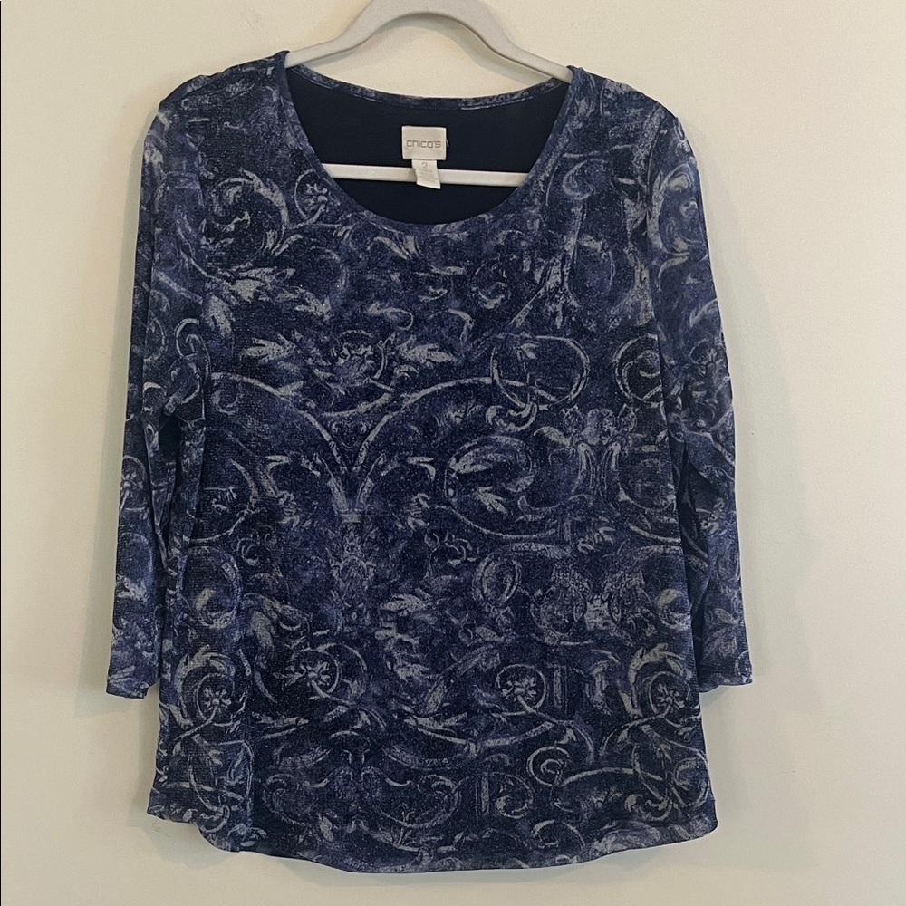 Vintage Chicos Blue Abstract Metallic Sheer Top Whimsigoth Celestial Witchy L